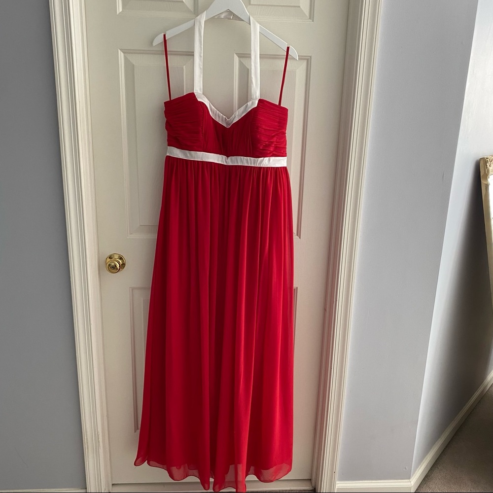 Bari Jay Formal Gown Red & White Size 18 Halter Empire Chiffon Elegant Vibrant